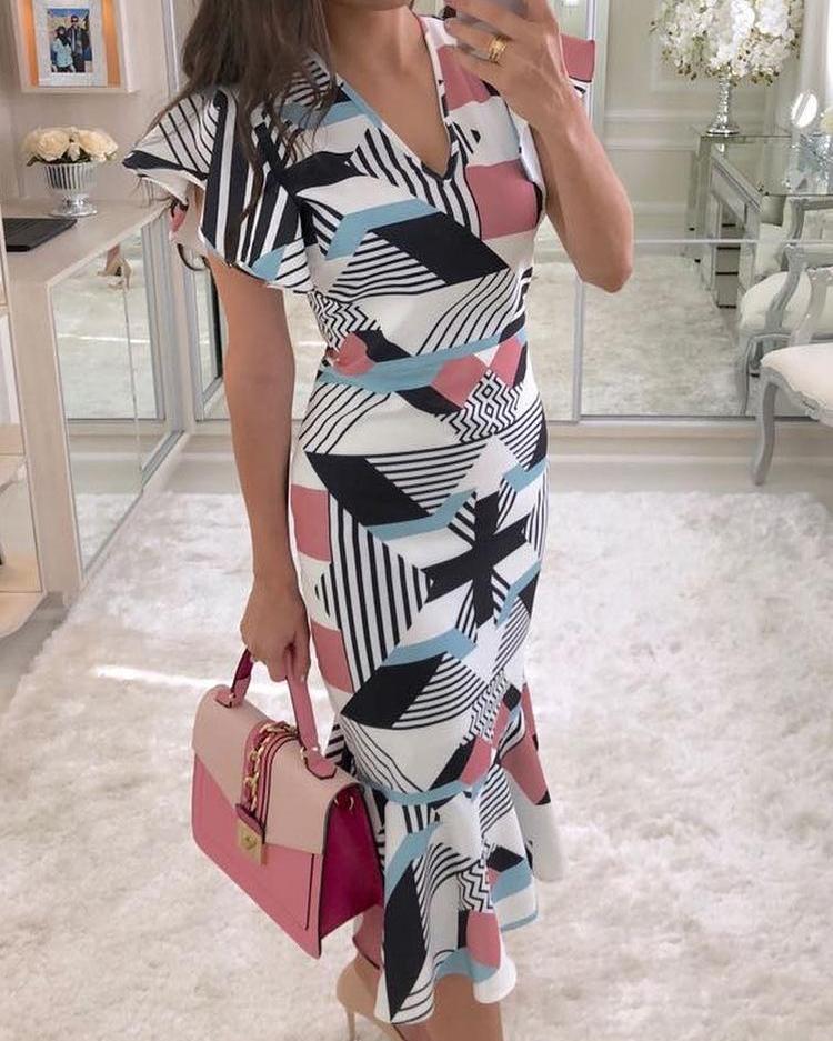 

Geo Print Flutter Sleeve Fishtail Dress, Multicolor
