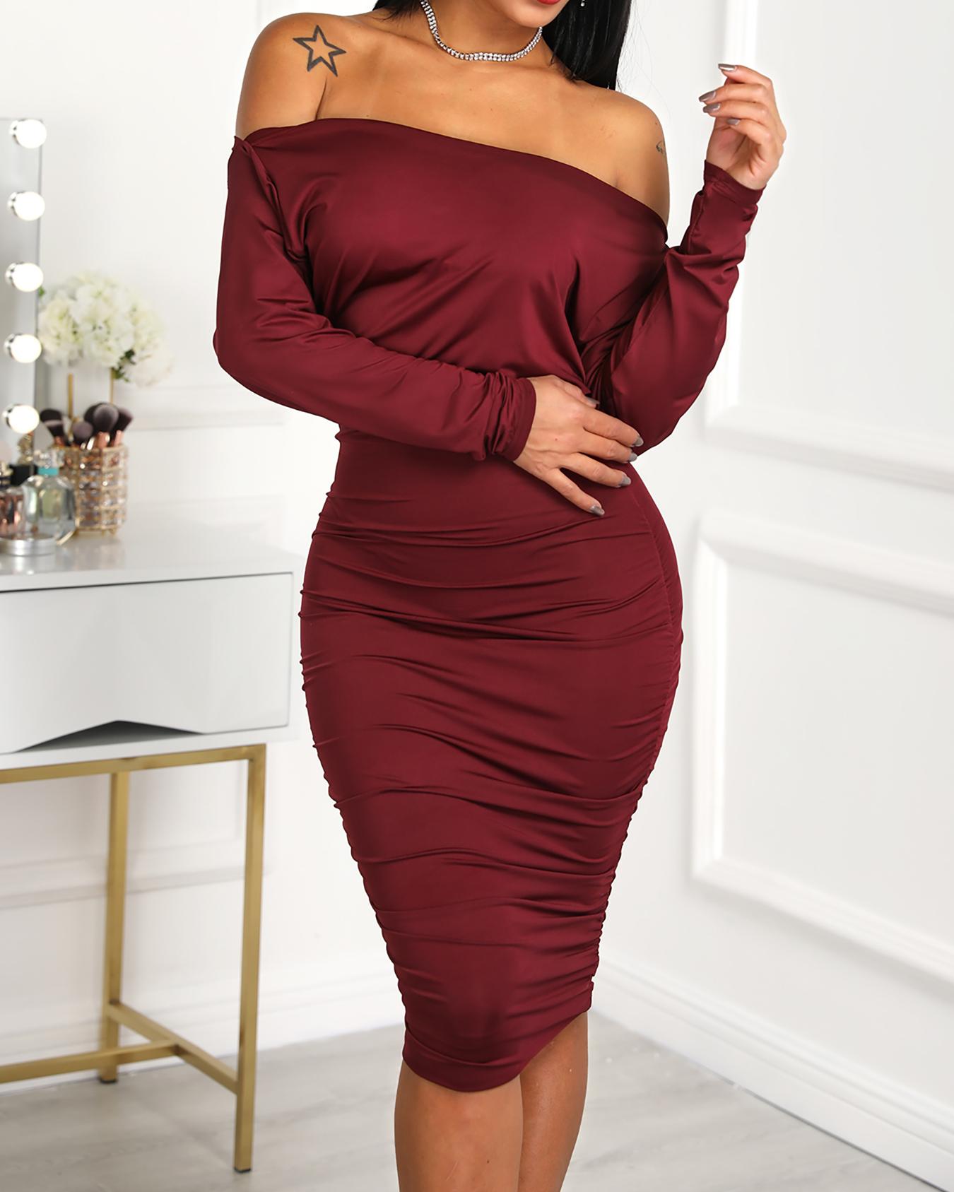 

One Shoulder Ruched Bodycon Dress, Dark red