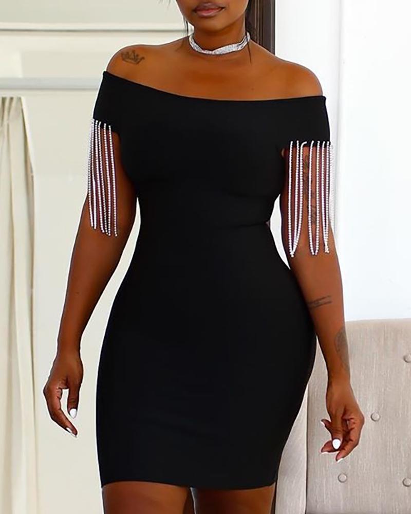 

Tassel Design Off Shoulder Bodycon Dress, Black