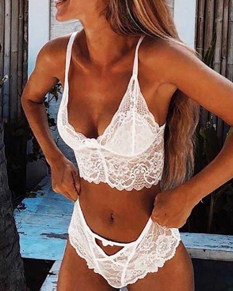 

Sheer Floral Lace Lingerie Sets, White