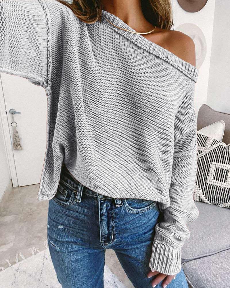 

Drop Shoulder Long Sleeve Knit Casual Sweater, Gray