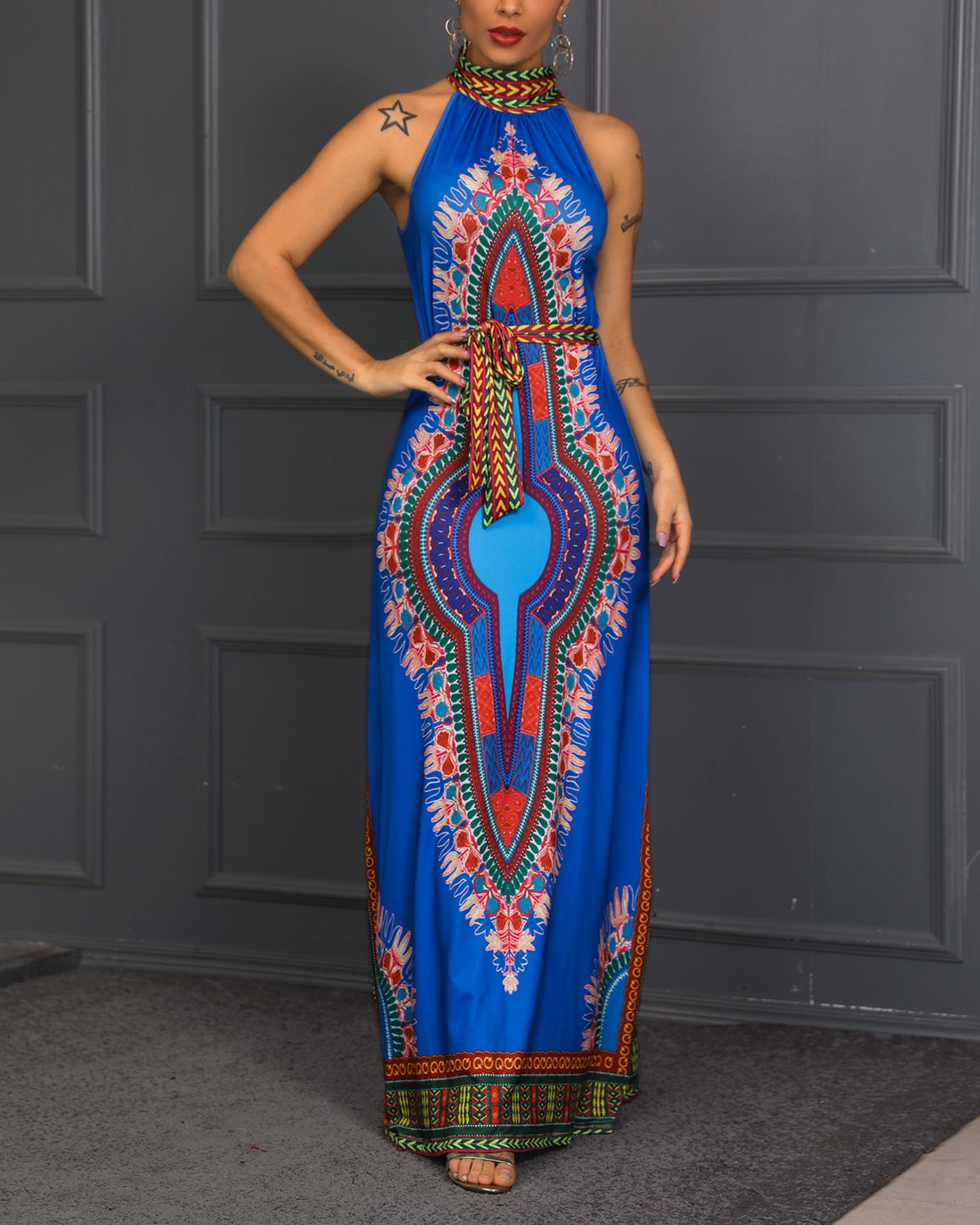 

Vintage Dashiki Print Halter Maxi Dress