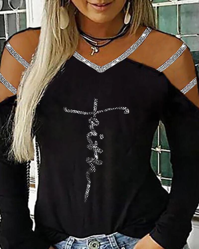 

Cold Shoulder Rhinestone Ladder Cutout T-shirt, Black