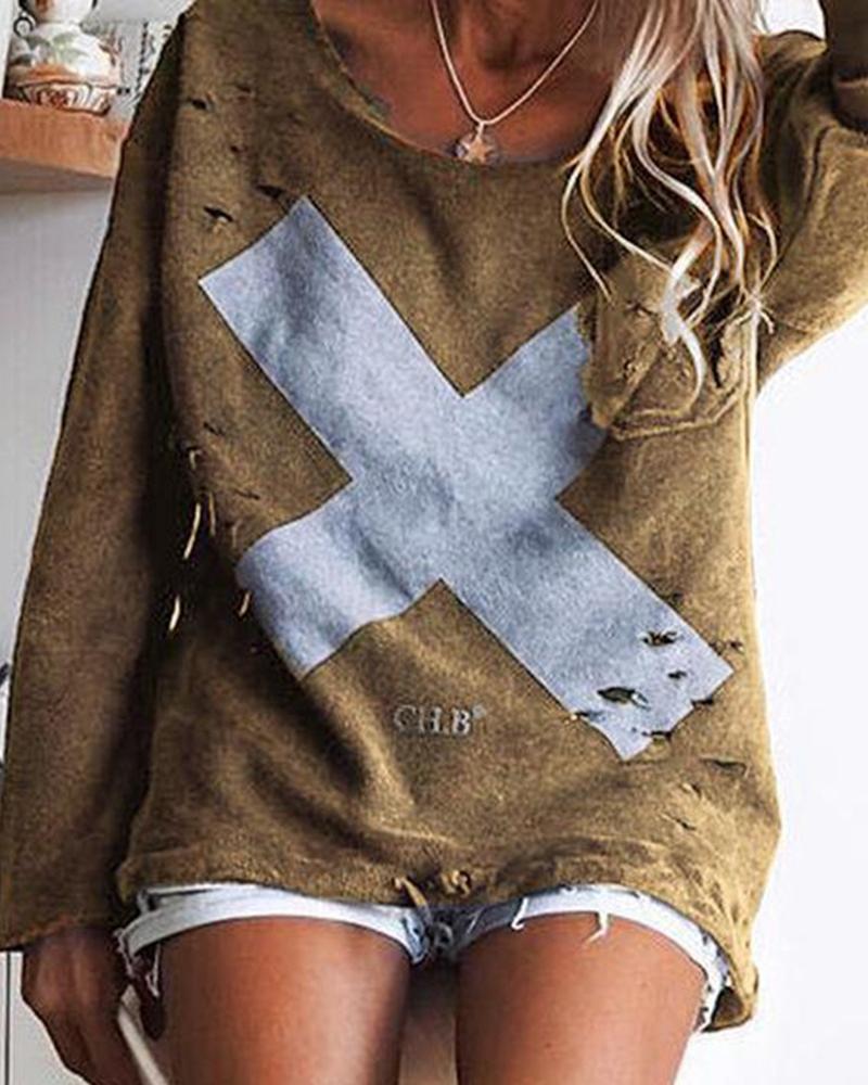 

Letter Print Hollow Out T-shirt, Khaki