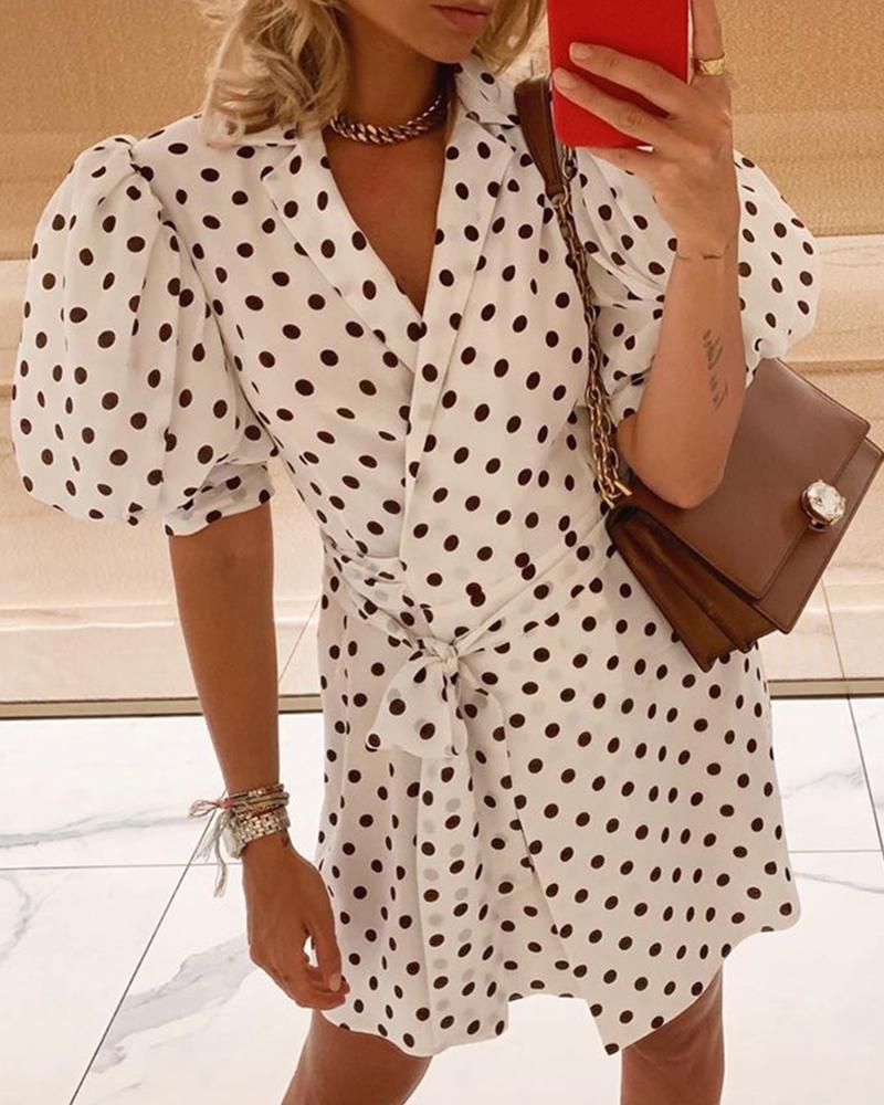 

Puff Sleeve Dot Print Tied Waist Dress, White