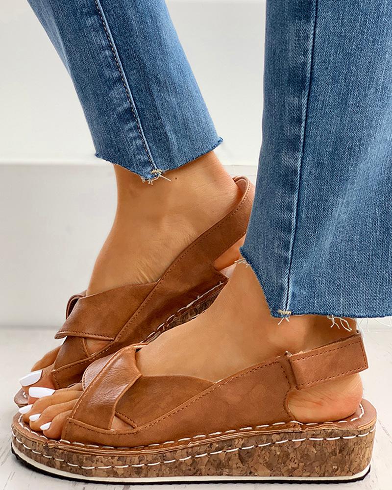 

Cutout Open Toe Velcro Wedge Espadrille Sandals, Brown