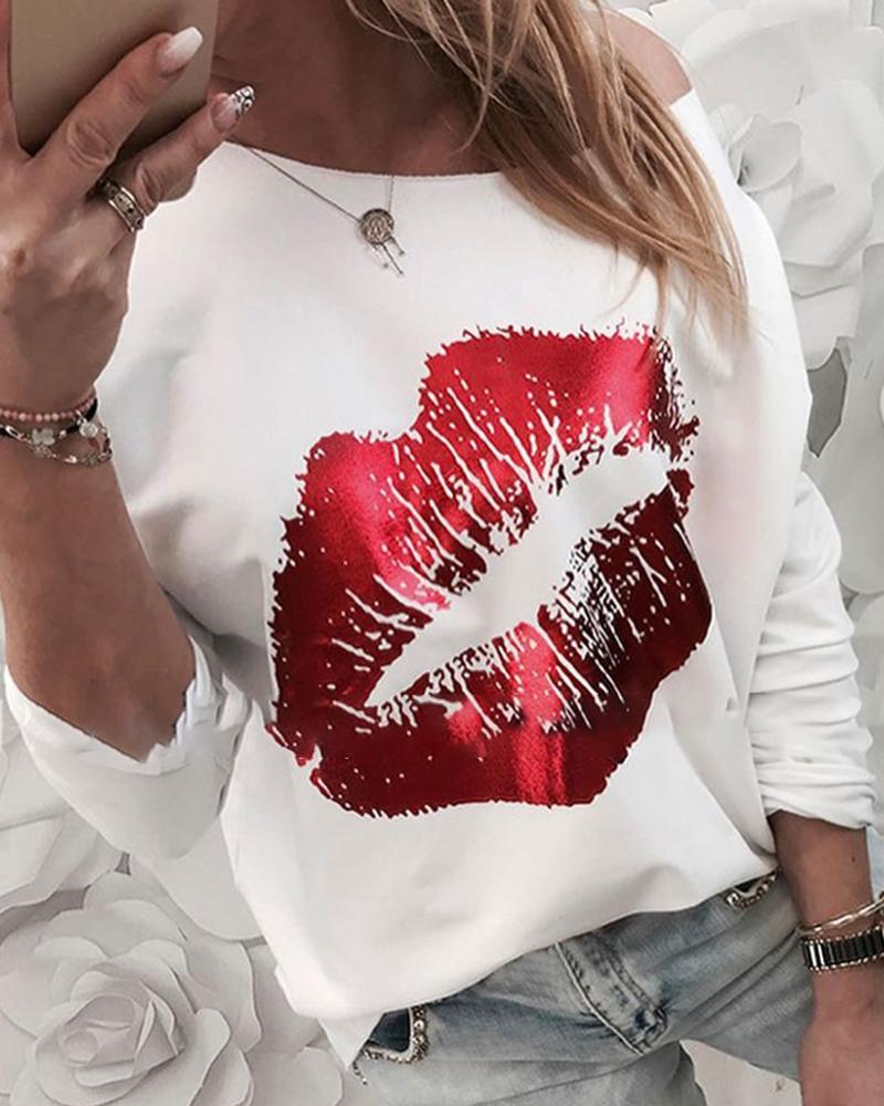 

Round Neck Mouth Print Long Sleeve T-shirt, White