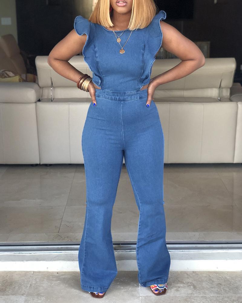 

Fungus Sleeve Flared Denim Jumpsuit, Blue