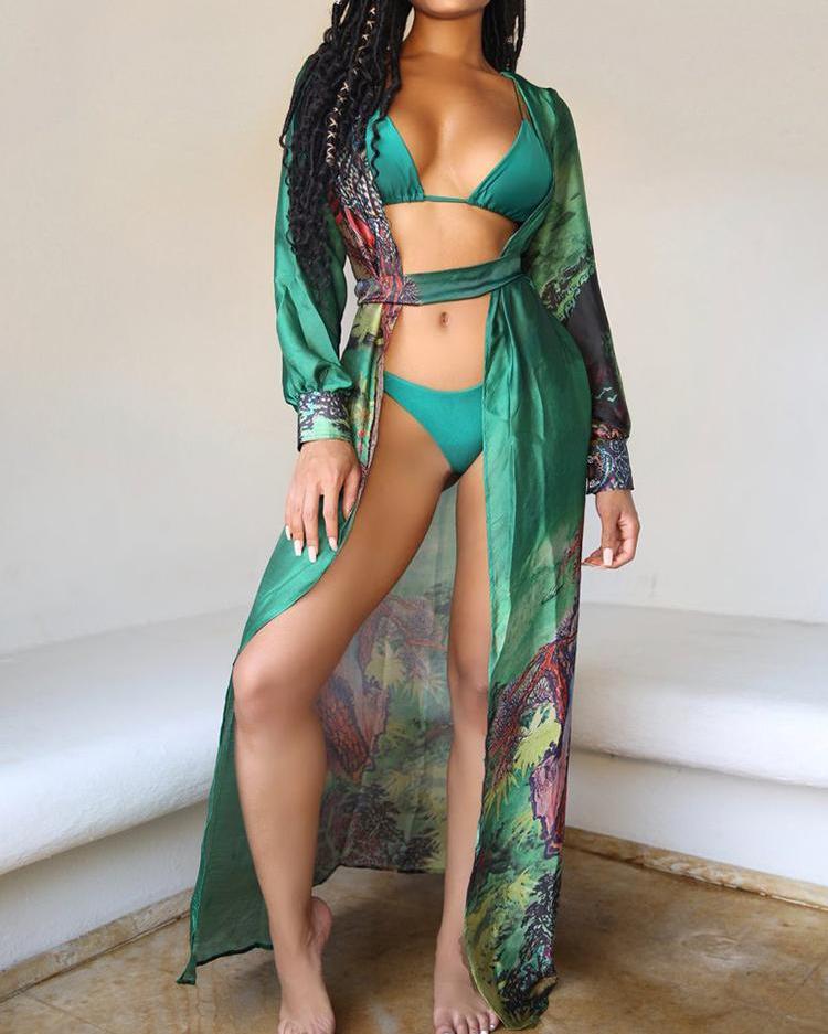 

Floral Print Open Front Belted Long Cover Up, Green