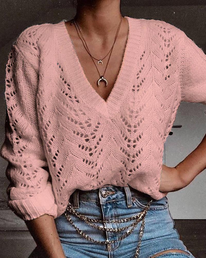 

Solid Eyelet Hollow Out Casual Sweater, Pink