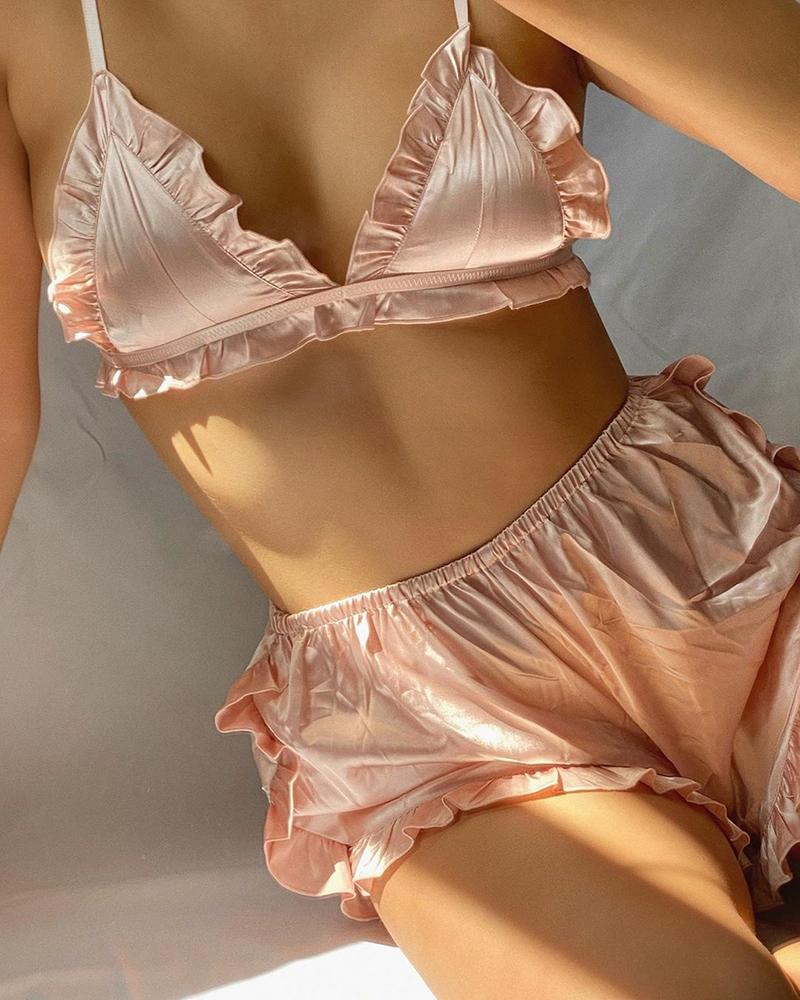 

Plunge Frill Hem Satin Cami Sets, Pink