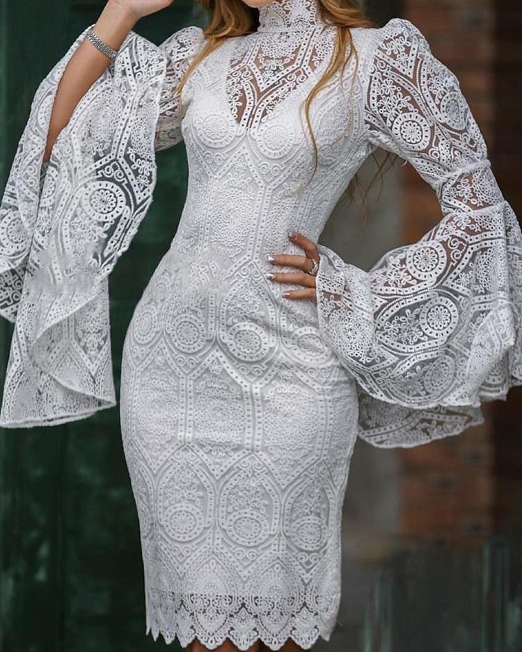 

Bell Sleeve Hollow Out Bodycon Lace Dress, White