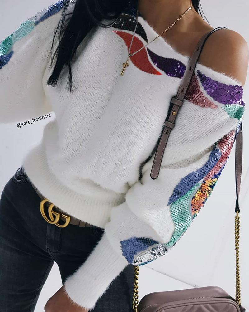 

Sequins Batswing Sleeve Casual Sweater, White