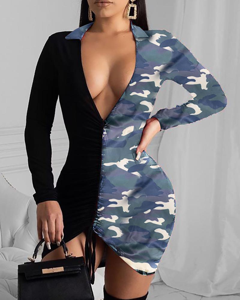 

Camouflage Print Colorblock Bodycon Dress, Gray