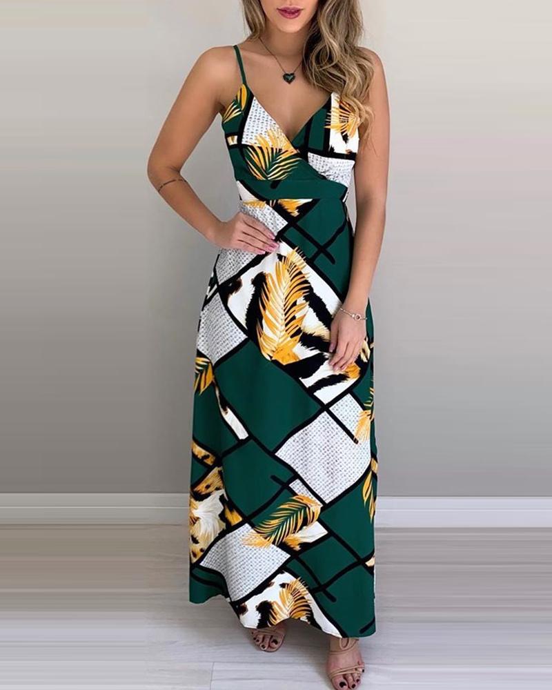 

Spaghetti Strap Colorblock Leaf Print Dress, Green