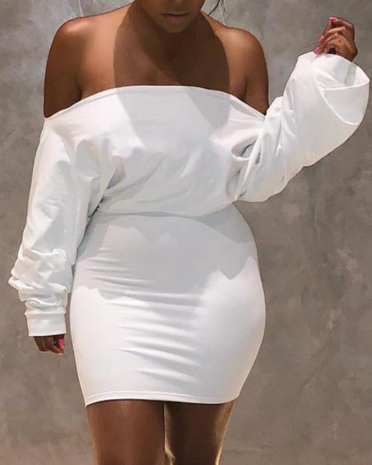 

Solid Off Shoulder Heap Sleeve Bodycon Dress
