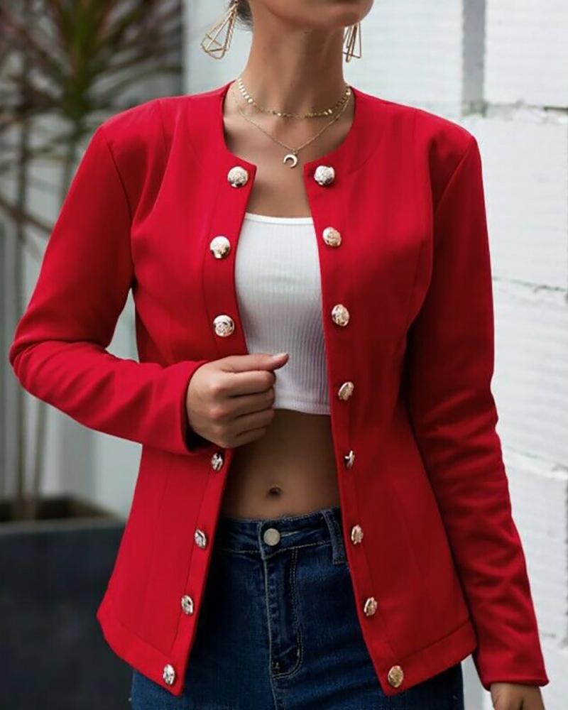 

Double-breasted Long Sleeve Round Neck Blazer, Red