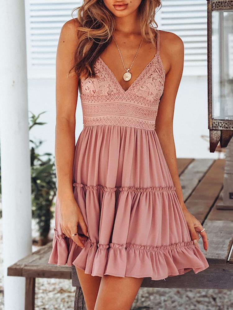 

Ruffled Lace Tied Open Back Casual Slip Dress, Pink