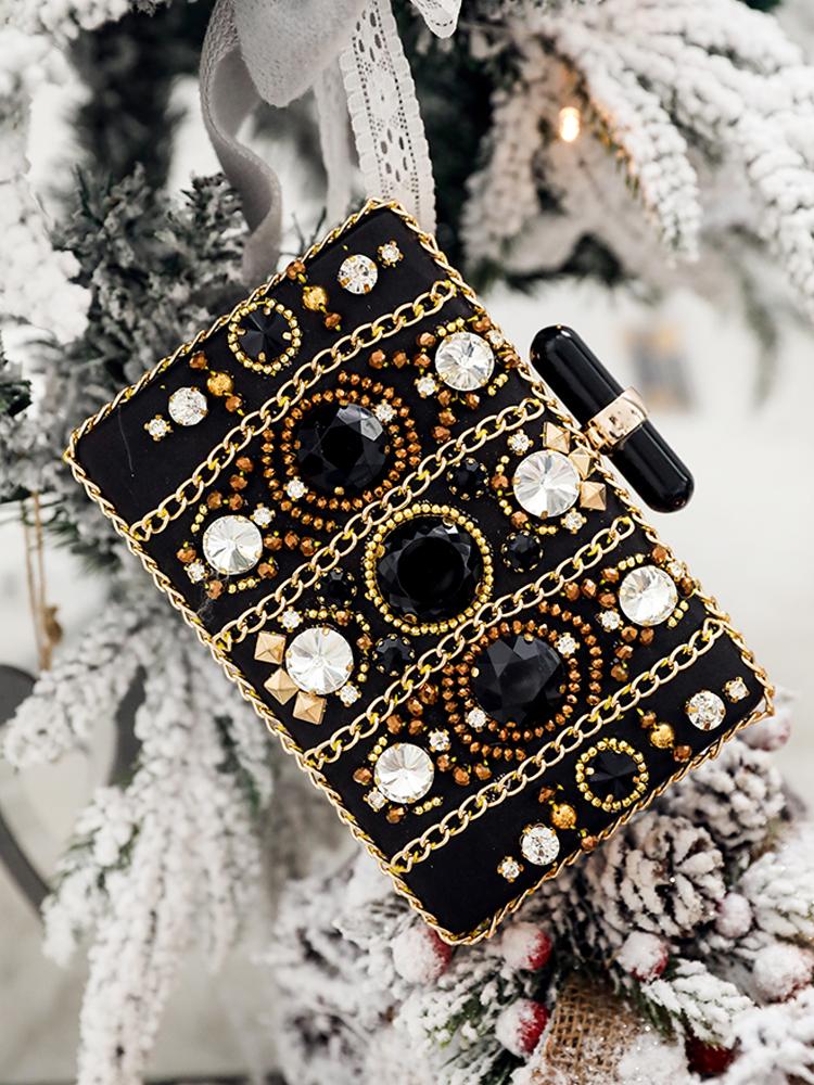 

Chain & Gem-Studded Embellished Clutch Bag, Black