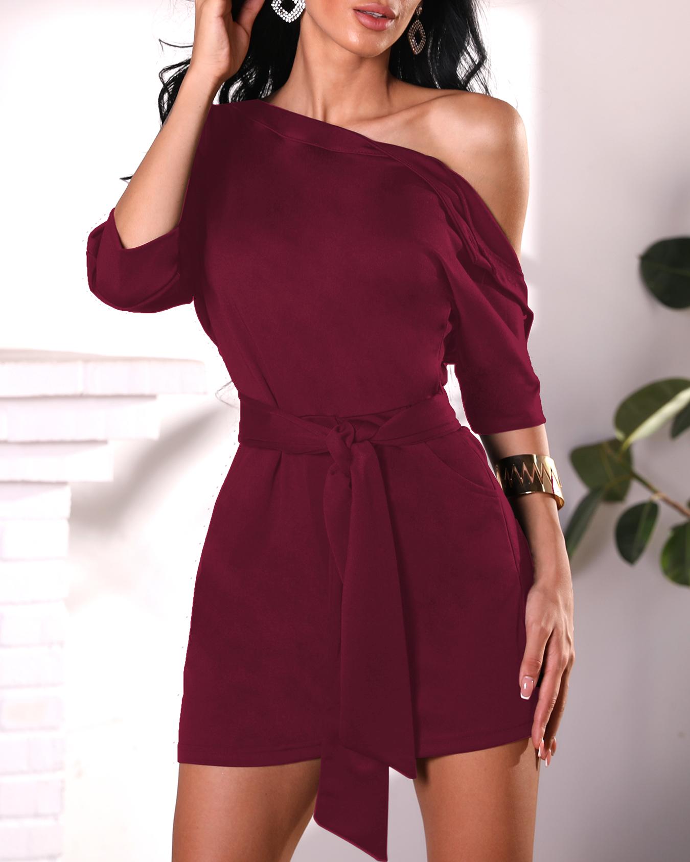 

Skew Neck Batwing Sleeve Belted Playsuit, Wine red