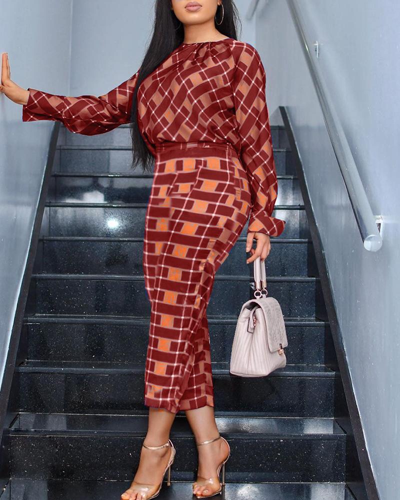 

Long Sleeve Plaid Top & High Waist Pants Sets, Red