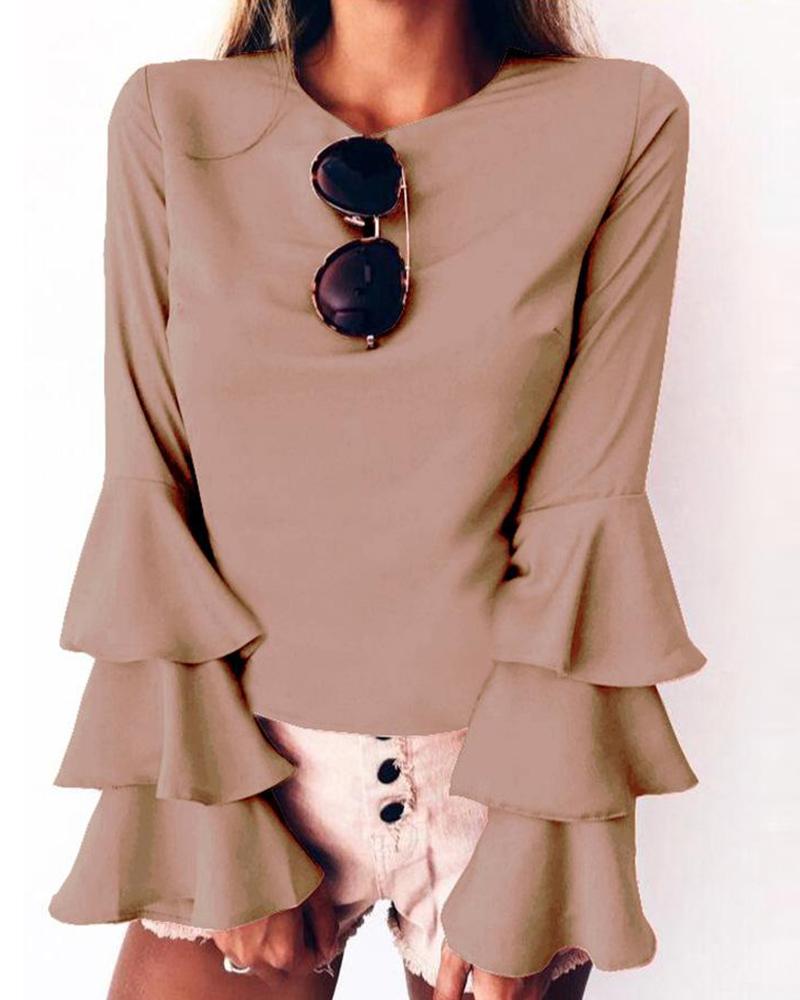 

Casual Ruffle Long Sleeve Blouse, Khaki