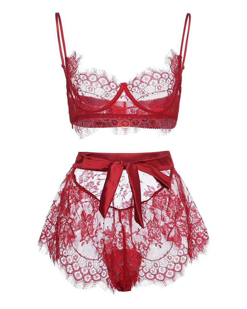 

Eyelash Lace Bowknot Design Sheer Mesh Lingerie Set, Red