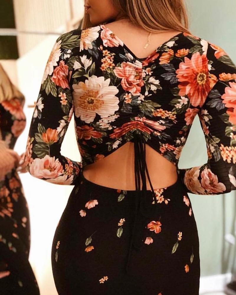 

Floral Print Drawstring Cutout Back Bodycon Dress, Black