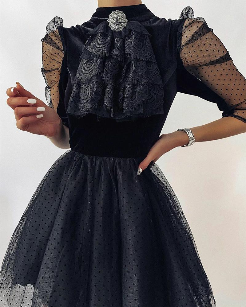 

Stitching Lace Puff Sleeve Skinny Waist Dress, Black