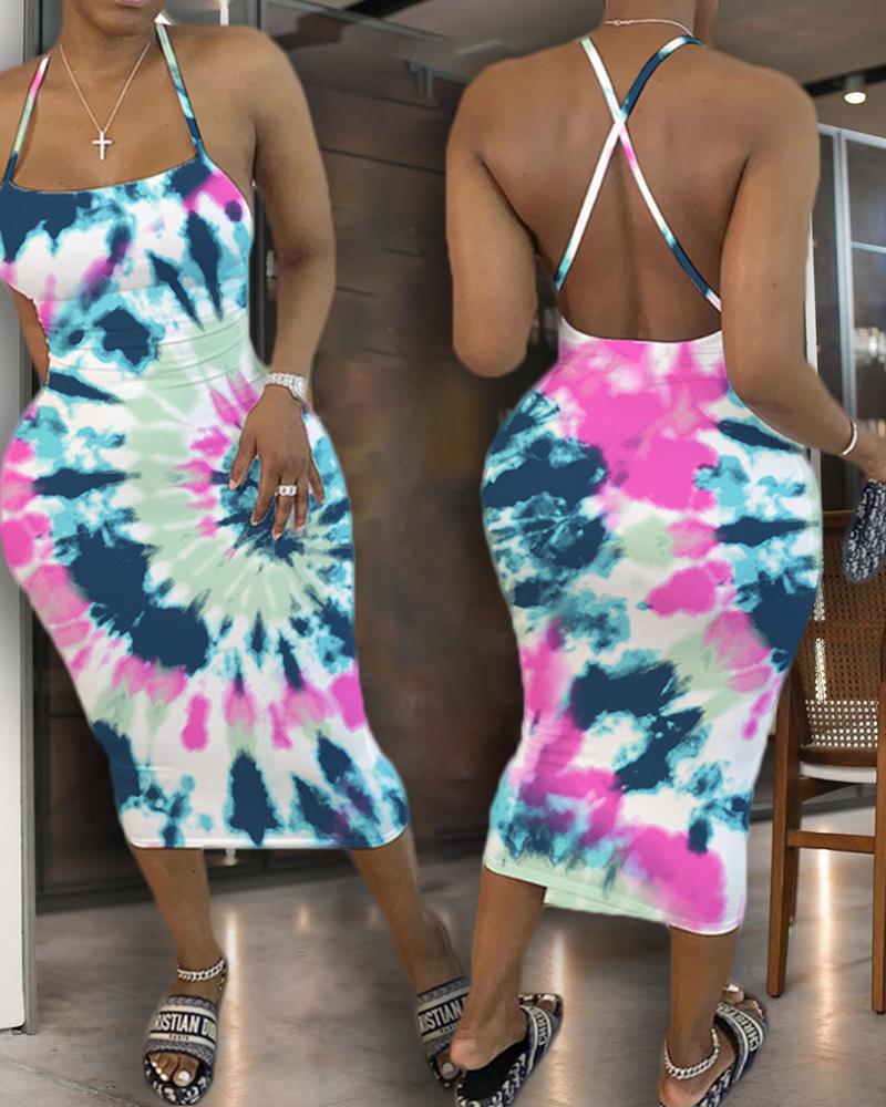 

Tie Dye Print Crisscross Backless Midi Dress, Multicolor