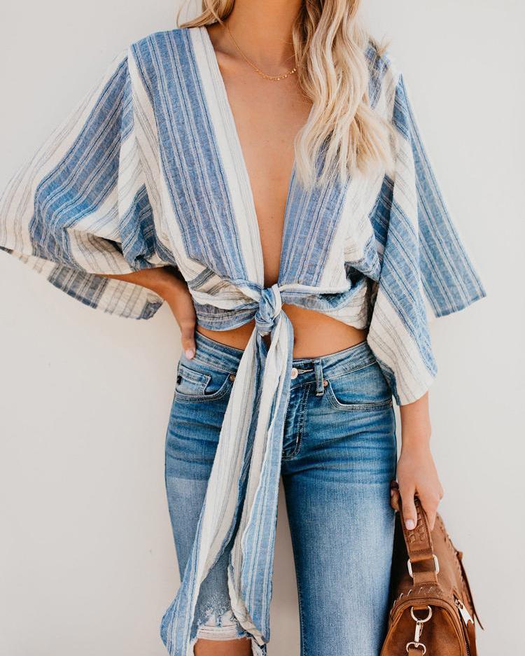 

Striped Print Tied Front Casual Shirt