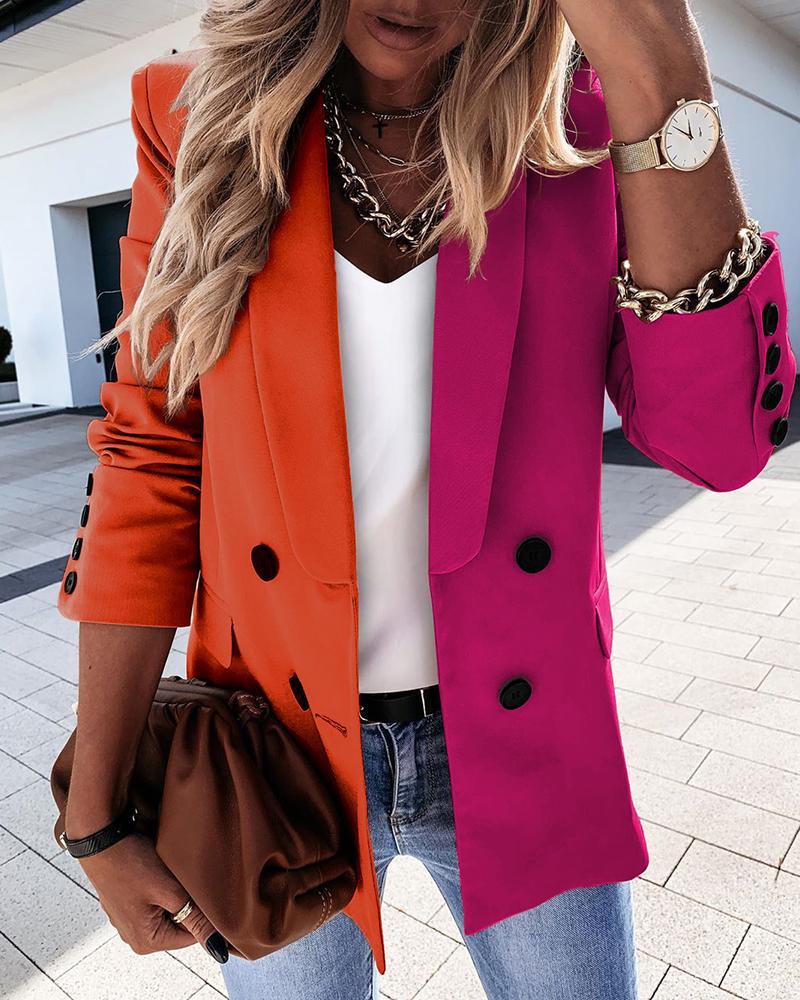 

Colorblock Double Breasted Long Sleeve Blazer Coat, Orange