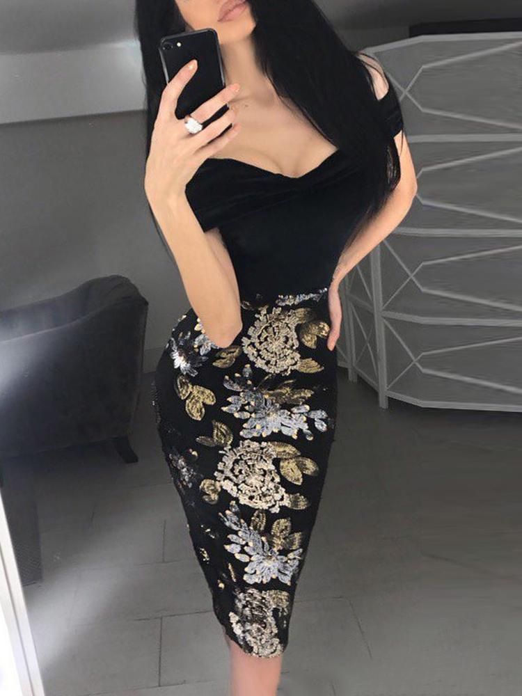 

Floral Embroidery Off Shoulder Sequin Dress, Black