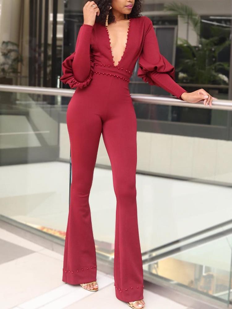 

Beading Embellished Gigot Sleeve Plunge Jumpsuit