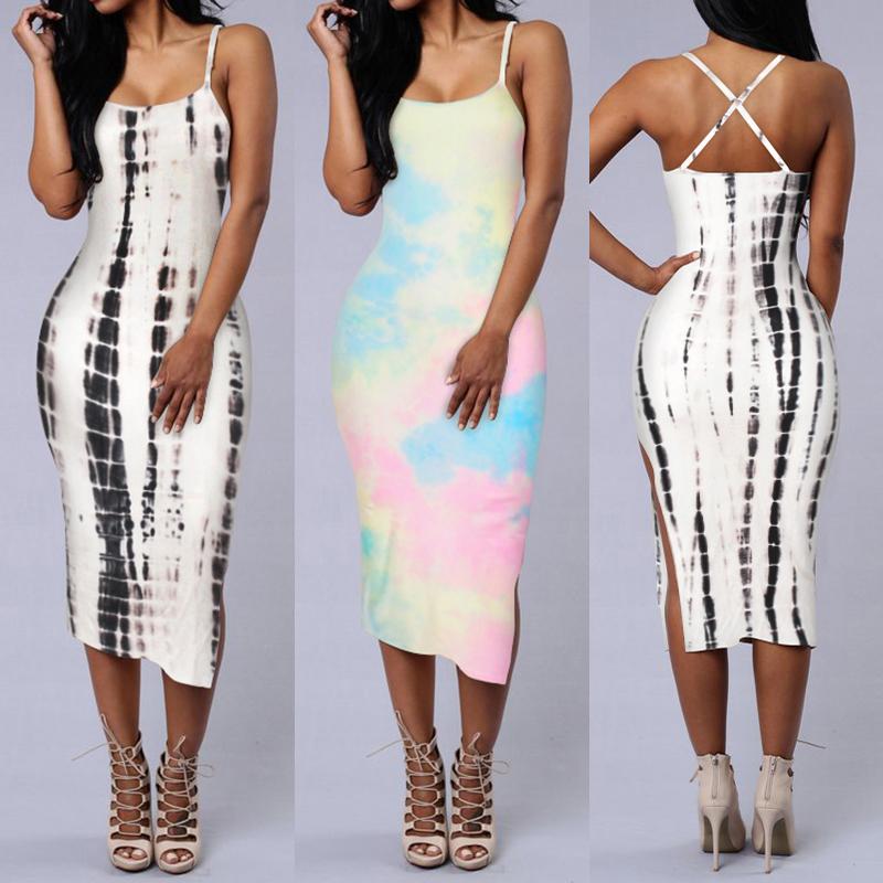 

Women Tie Dye Side Split Spaghetti Cross Strap Back Slim Sexy Dresses, White