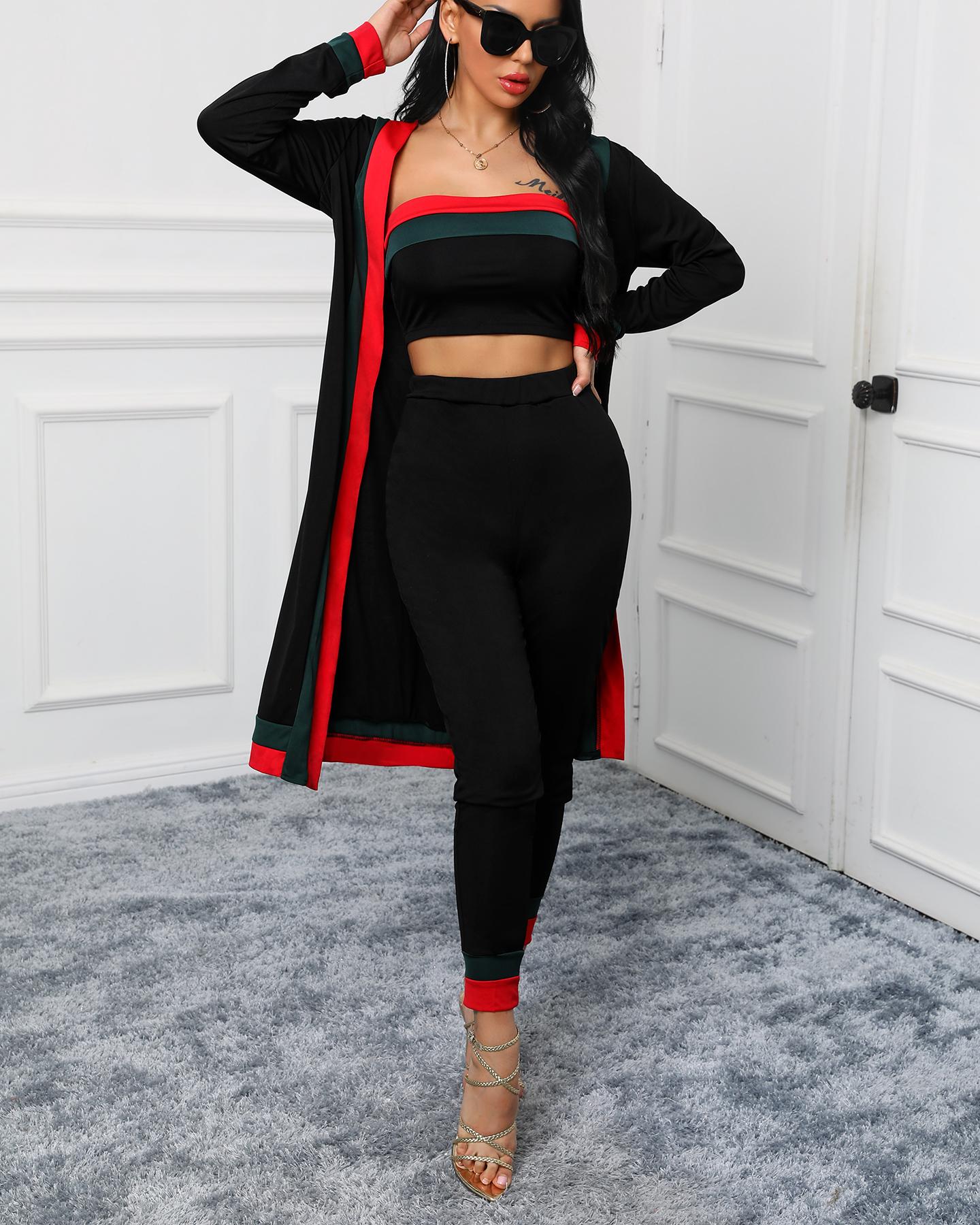

3PCS Striped Tape Crop Top & Pants With Coat Sets