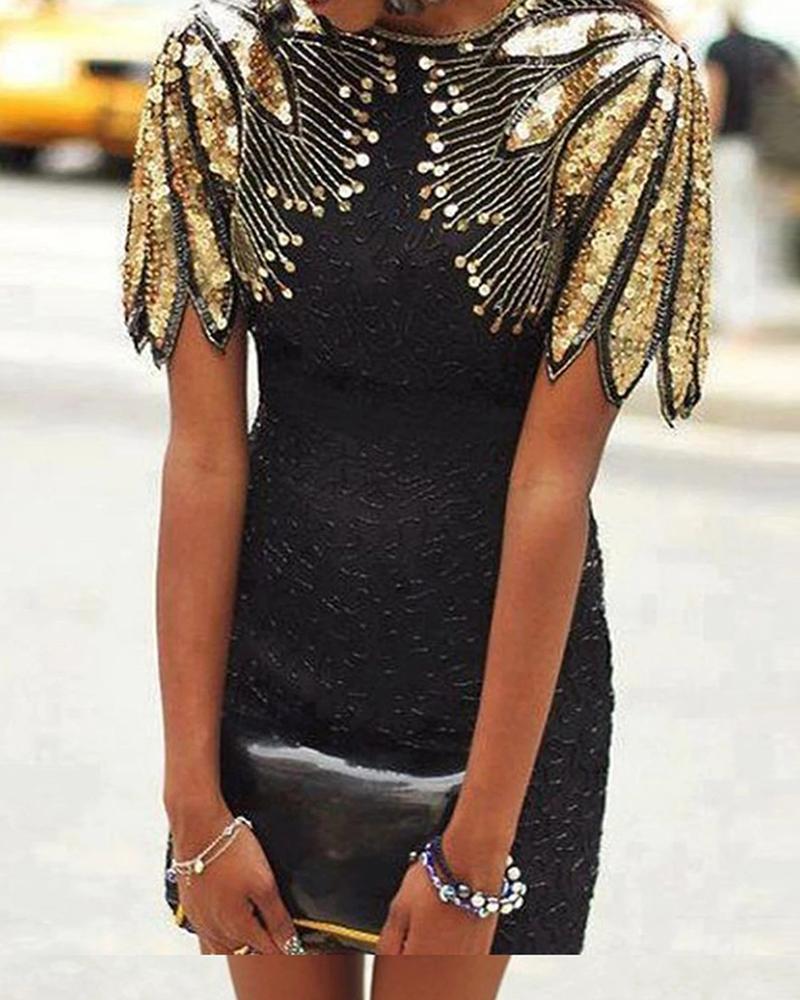 

Short Sleeve Sequins Bodycon Dress, Black