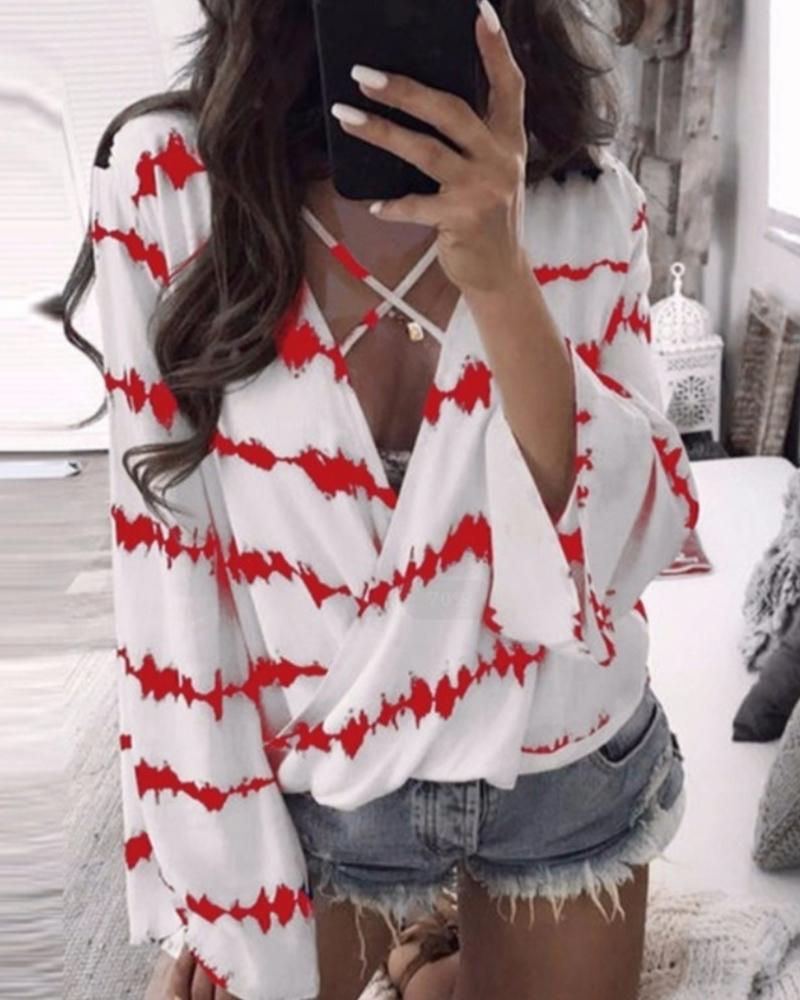 

Tie Dye Print Flared Sleeve Blouse, Red