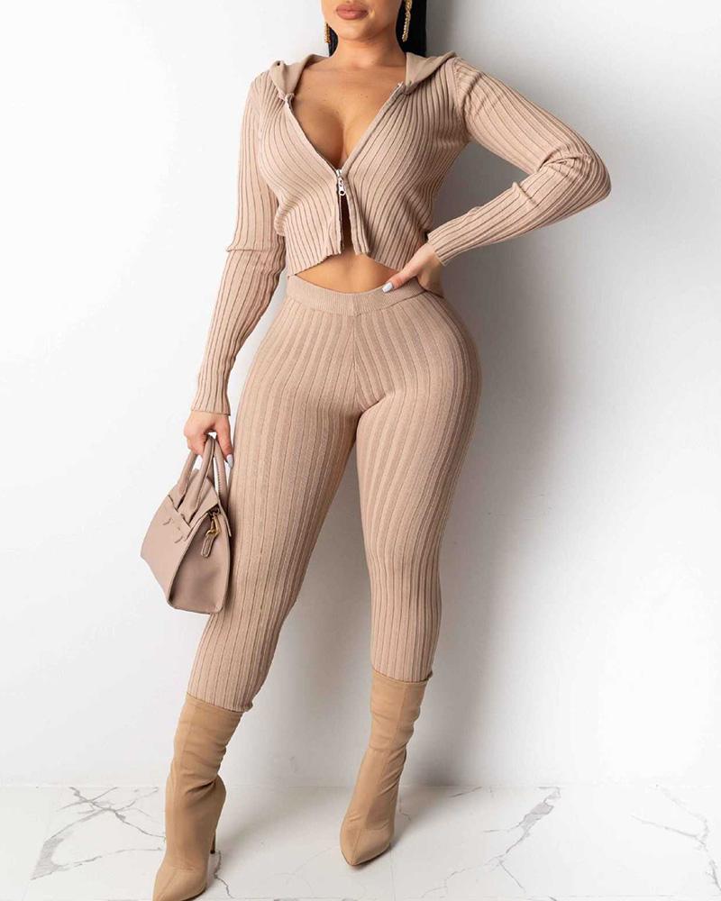 

Solid Hooded Zipper Design Ribbed Crop Top & Pants Sets, Apricot