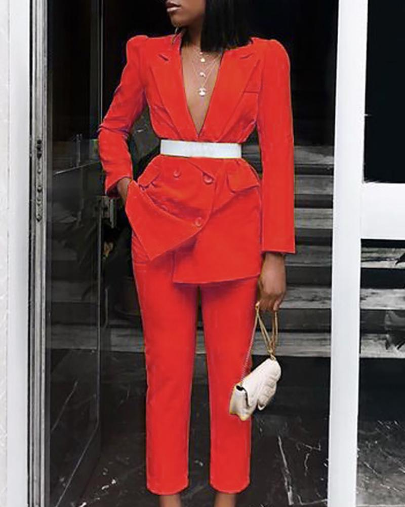 

Notched Collar Double-breasted Blazer & Pants Sets, Red
