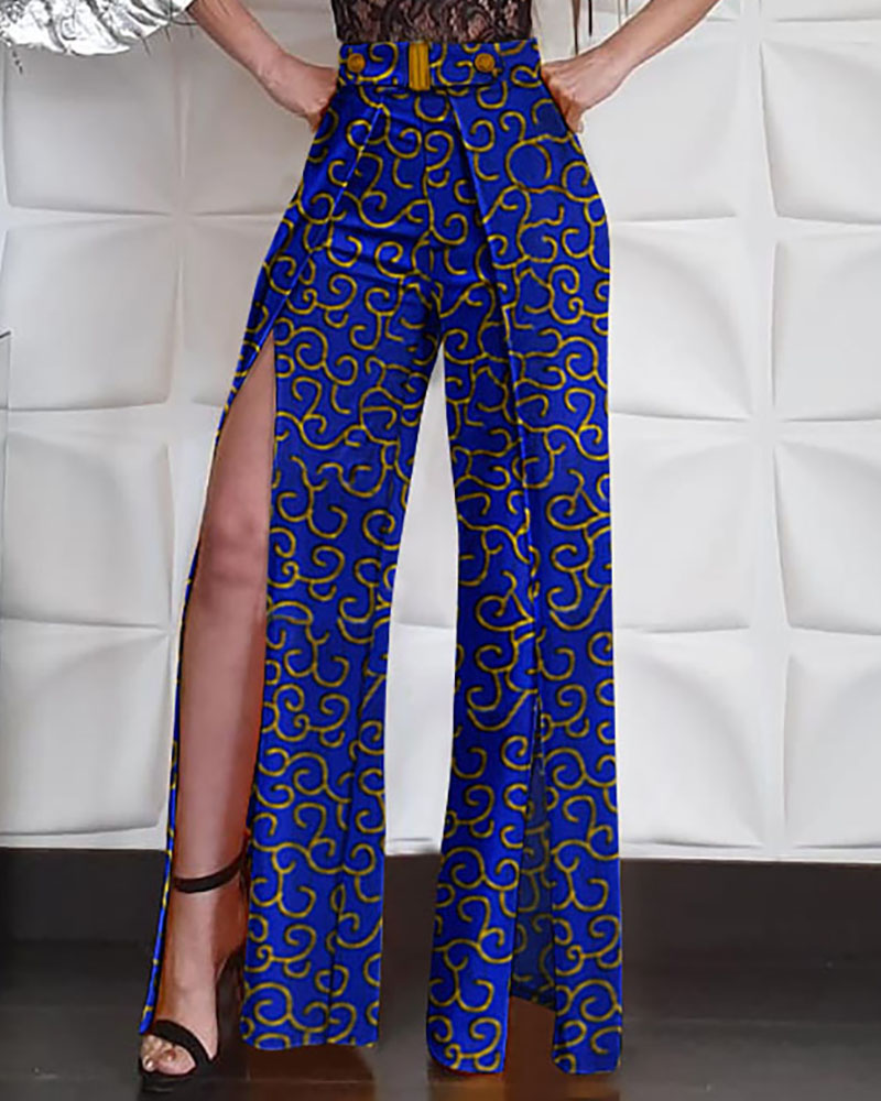 

Print Hight Waist Slit Leg Pants, Blue