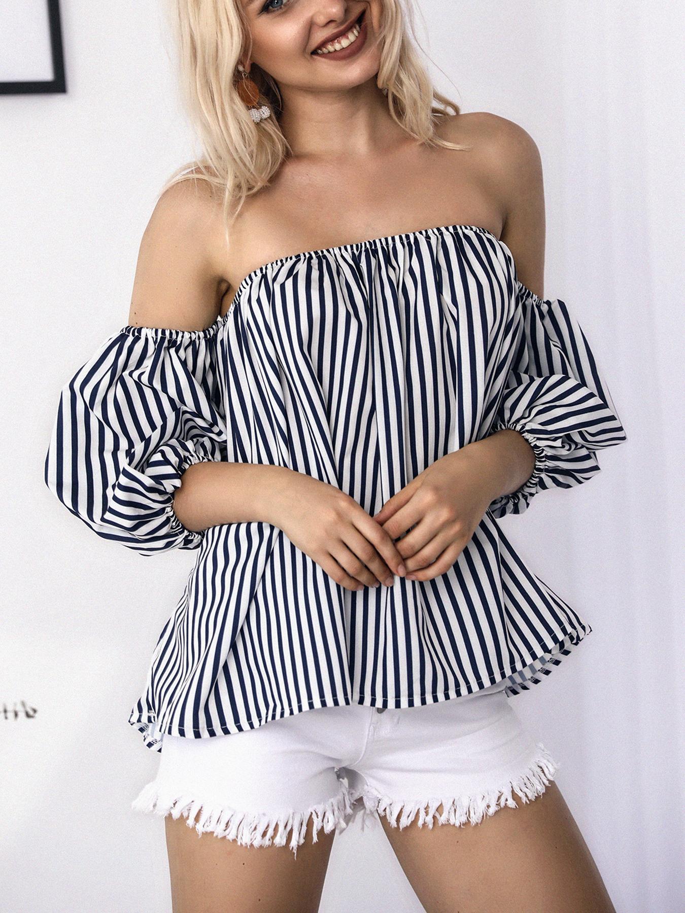 

Striped Off Shoulder Puff Sleeve Casual Blouse, Blue
