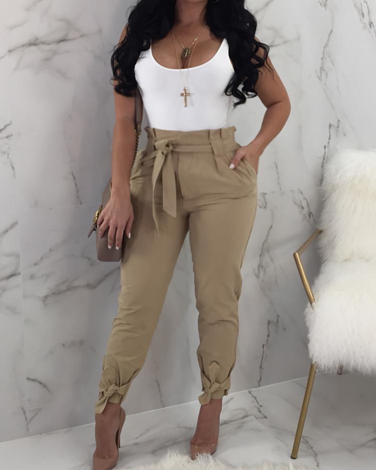 

Stylish Solid Frill Waist Belted Tied Ankle Casual Pants, Khaki