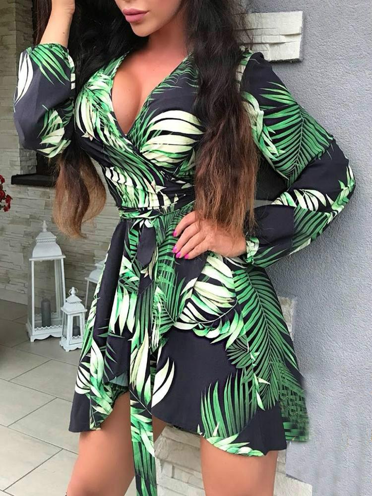 

Palm Leaf Print Self Belted Casual Wrap Dress, Green