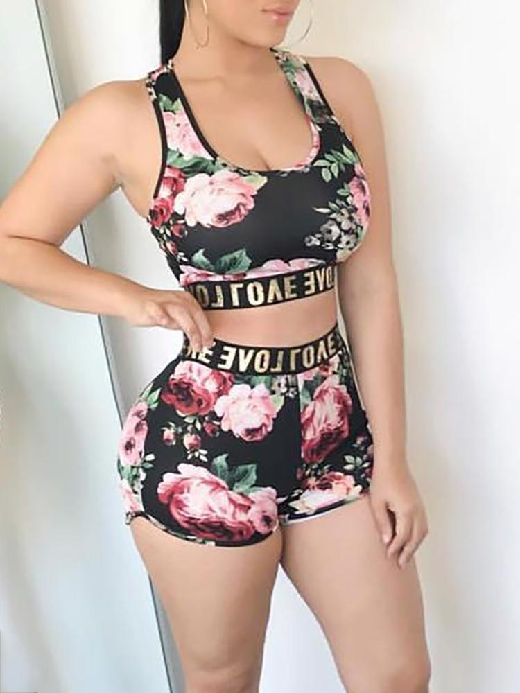 

Floral Print Crop Top&Short Sets, Black