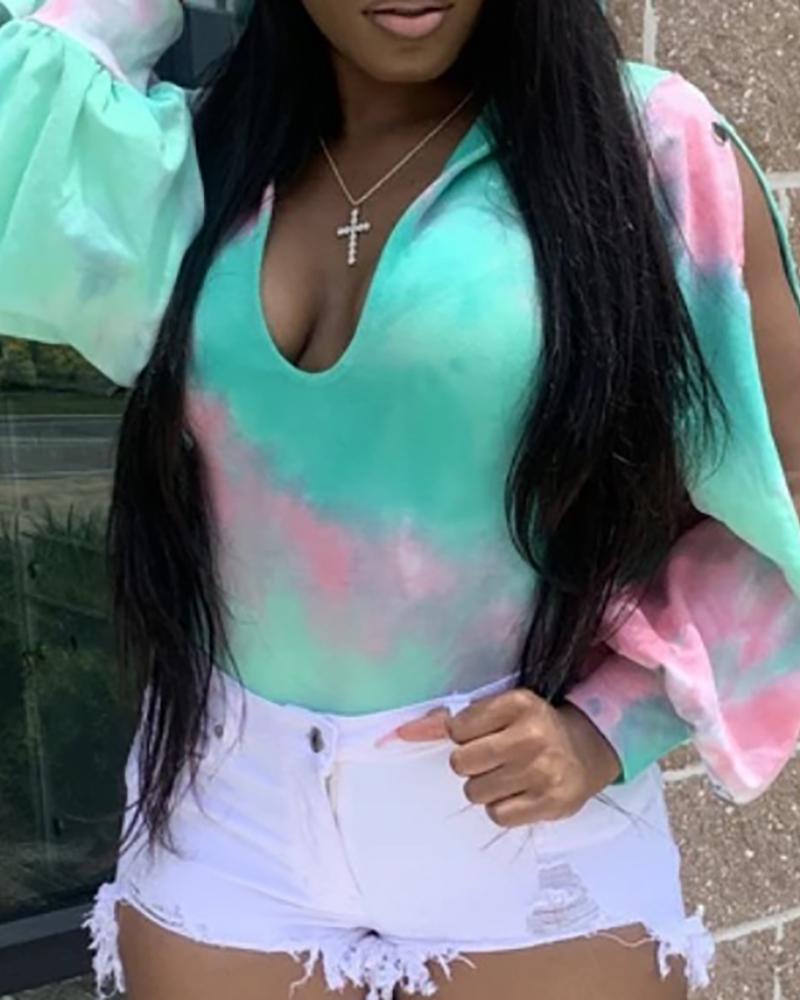 

Tie Dye Print Button Slit Sleeve Hooded Bodysuit, Green