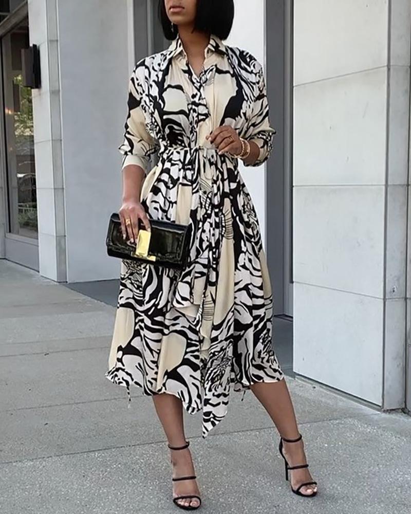 

Abstract Print Long Sleeve Irregular Dress, Apricot