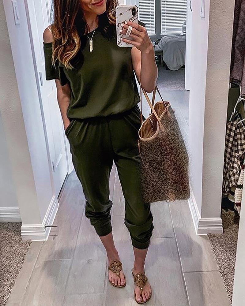 

Solid One Shoulder Pocket Detail Jumpsuit, Army green