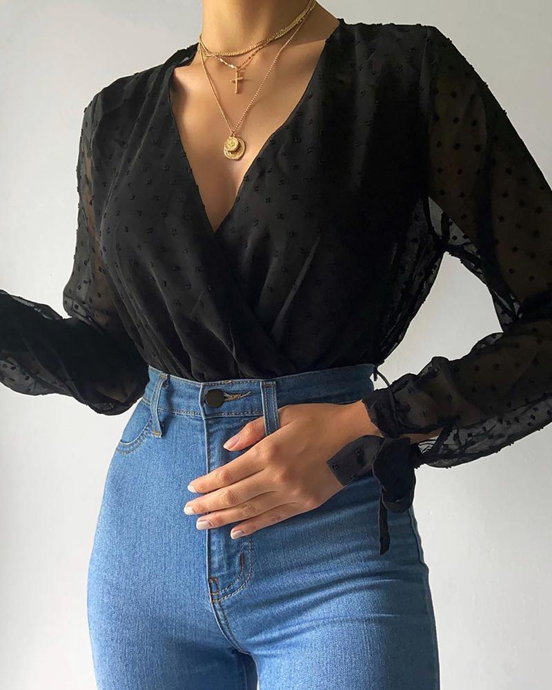 

Sheer Mesh Long Sleeve Swiss Dot Wrap Top, Black