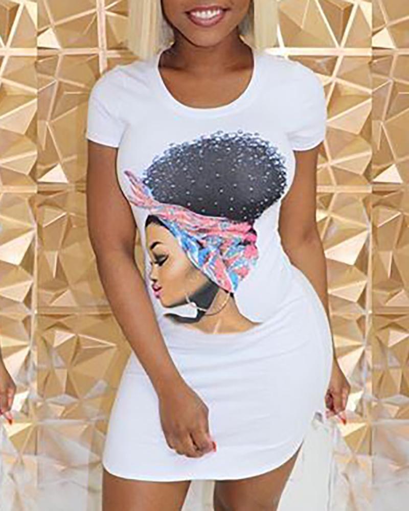 

Figure Print Short Sleeve Package Hip Dress, White